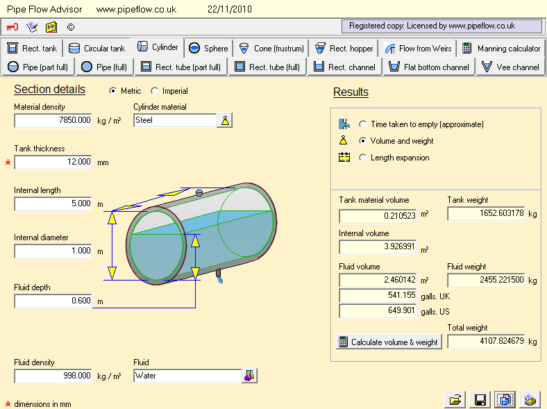 Tank Capacity, Weight, Fluid Volume Calculator