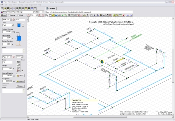 Screenshot of Pipe Flow Expert Software showing piping design drawing