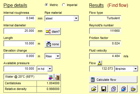 Flow pressure diameter calculator