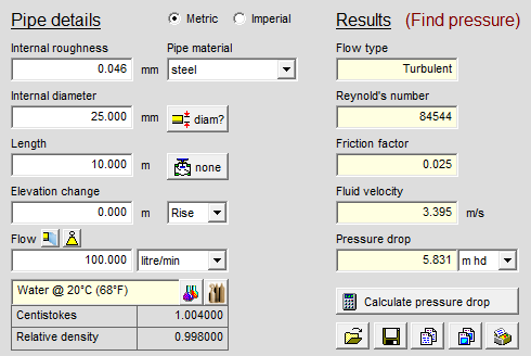 Screenshot of Pipe Flow Wizard Find Pressure Drop Calculator