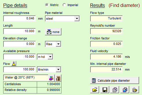 Screenshot of Pipe Flow Wizard Size Diameter Calculator