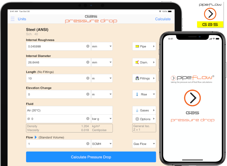 Pipe Flow Gas Pressure Drop Calculator for iOS