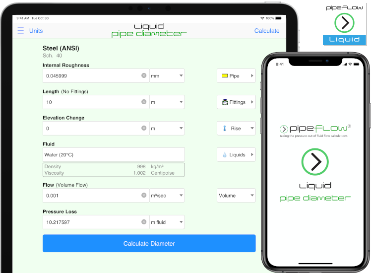 Pipe Flow Liquid Pipe Diameter Calculator for iOS