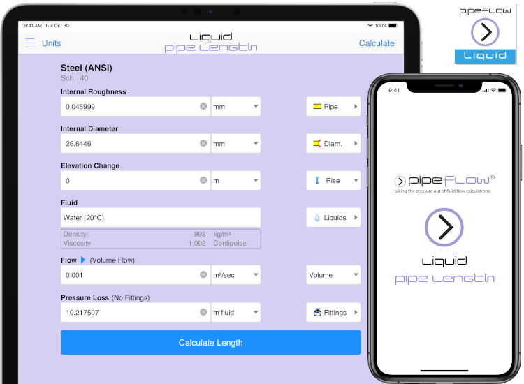 Pipe Flow Liquid Pipe Length Calculator for iOS