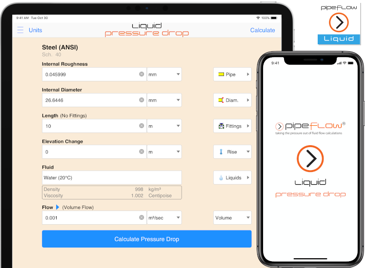 Pipe Flow Liquid Pressure Drop Calculator for iOS