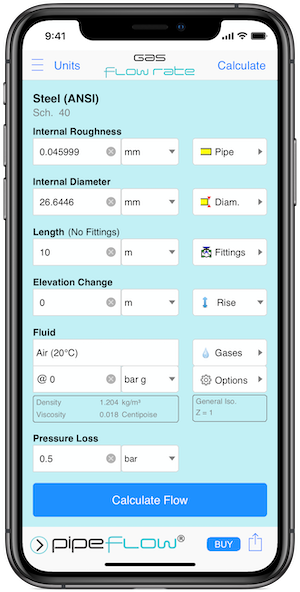 Pipe Flow Gas Flow Rate Calculation Screen