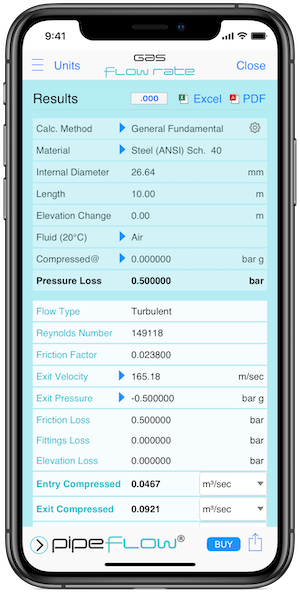 Pipe Flow Gas Flow Rate Results Screen