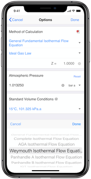 Pipe Flow Gas Options Screen