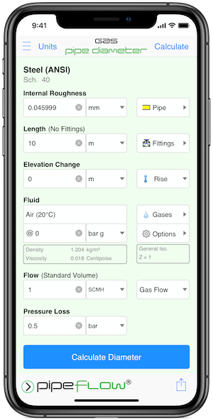 Pipe Flow Gas Pipe Diameter Calculation Screen