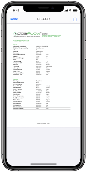 Pipe Flow Gas Pipe Diameter Report Screen