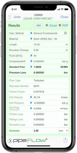 Pipe Flow Gas Pipe Diameter Results Screen