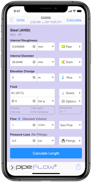 Pipe Flow Gas Pipe Length Calculation Screen