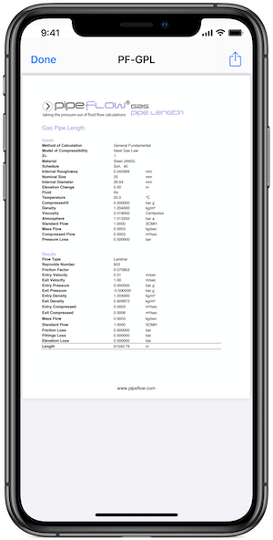 Pipe Flow Gas Pipe Length Report Screen