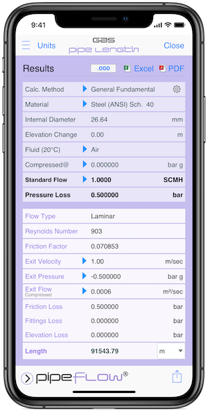 Pipe Flow Gas Pipe Length Results Screen