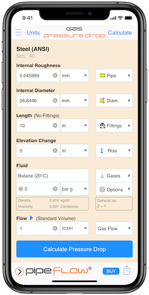 Pipe Flow Gas Pressure Drop Calculation Screen