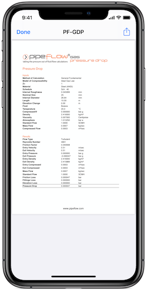 Pipe Flow Gas Pressure Drop Report Screen