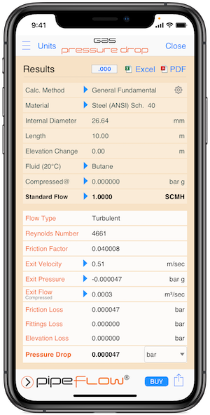 Pipe Flow Gas Pressure Drop Results Screen