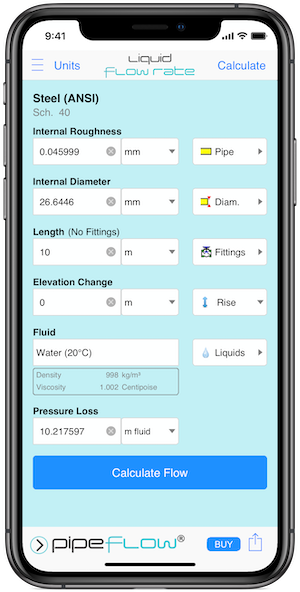 Pipe Flow Liquid Flow Rate Calculation Screen