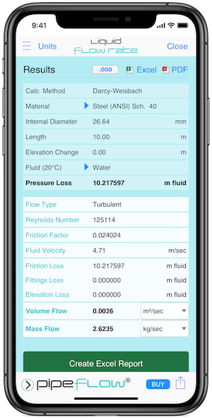 Pipe Flow Liquid Flow Rate Results Screen