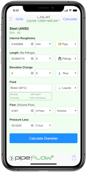 Pipe Flow Liquid Pipe Diameter Calculation Screen