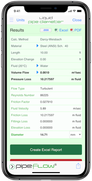 Pipe Flow Liquid Pipe Diameter Results Screen