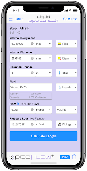Pipe Flow Liquid Pipe Length Calculation Screen