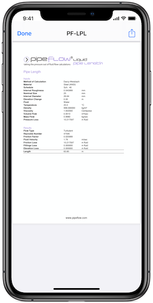 Pipe Flow Liquid Pipe Length Report Screen