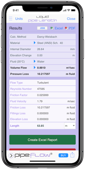 Pipe Flow Liquid Pipe Length Results Screen