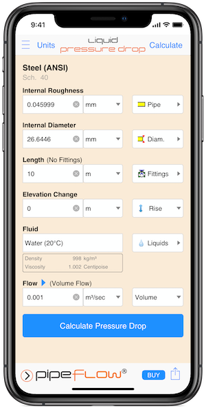 Pipe Flow Liquid Pressure Drop Calculation Screen