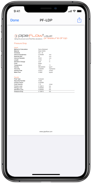 Pipe Flow Liquid Pressure Drop Report Screen