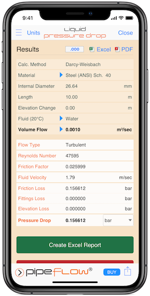 Pipe Flow Liquid Pressure Drop Results Screen