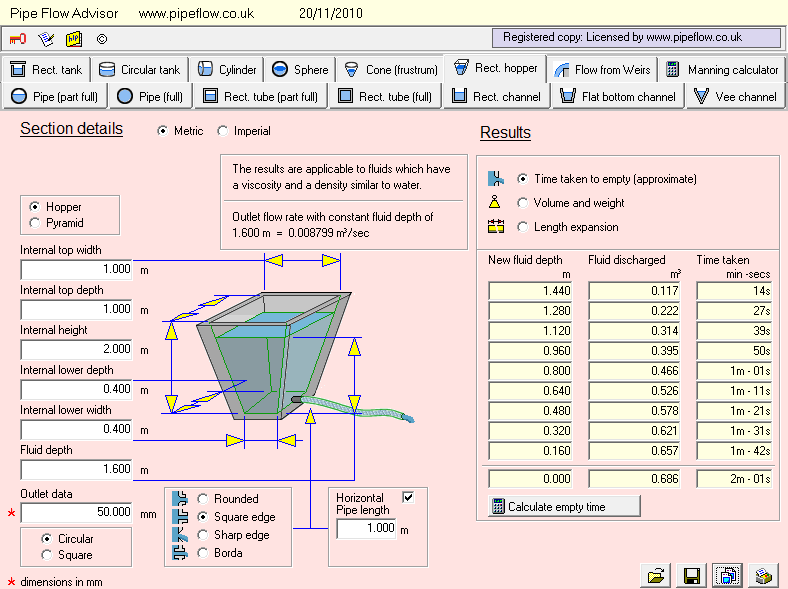 Pipe Flow Advisor Rectangular Hopper Tank