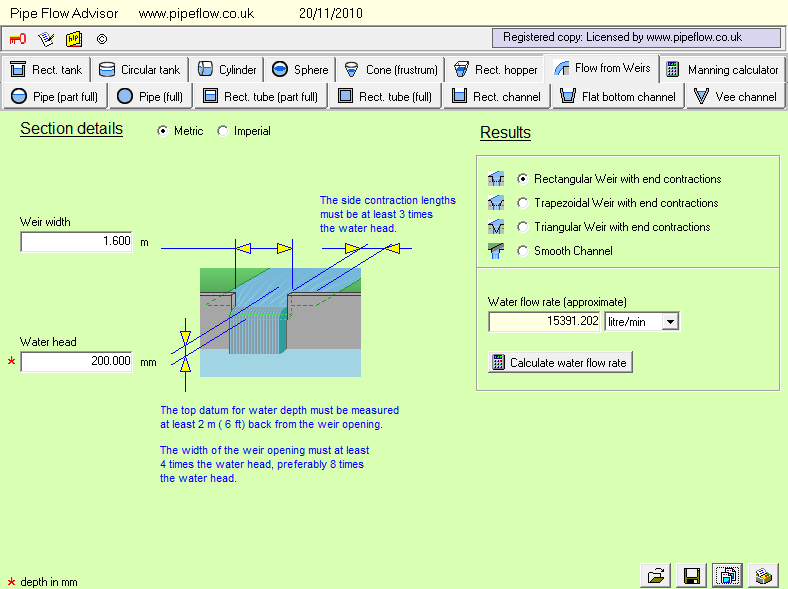 Weir Flow Calculation Screen