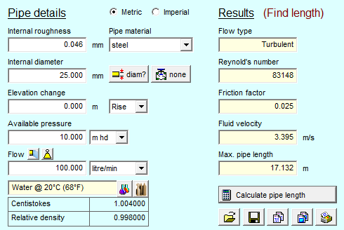 Screenshot of Pipe Flow Wizard Find Pipe Length Calculator