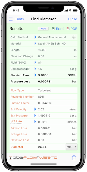 Pipe Flow Wizard Software Find Diameter Calculation Screen