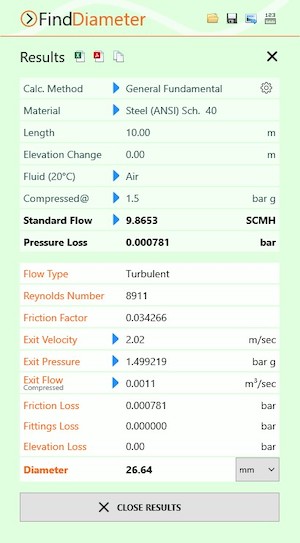 Pipe Flow Wizard Software Find Diameter Results Screen