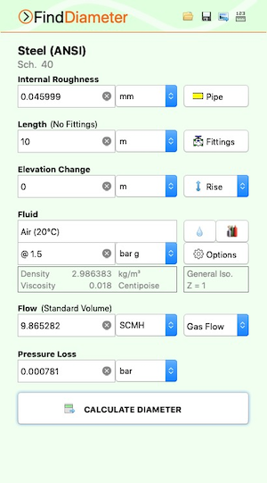 Pipe Flow Wizard Software Find Diameter Calculation Screen