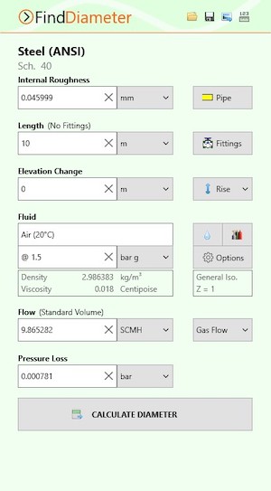 Pipe Flow Wizard Software Find Diameter Calculation Screen