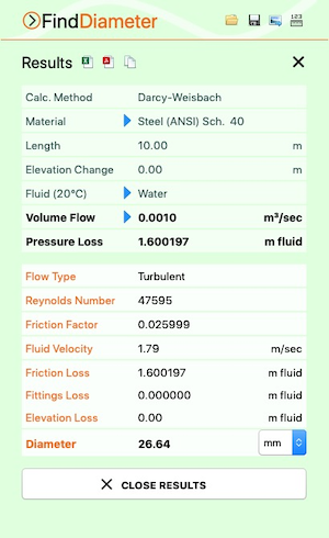 Pipe Flow Wizard Find Diameter Results