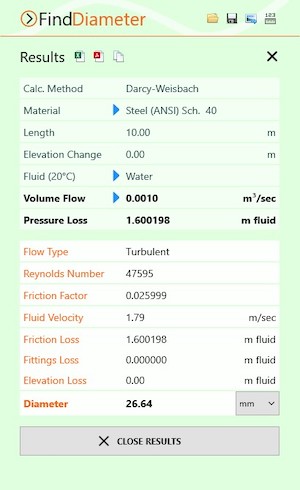 Pipe Flow Wizard Find Diameter Results