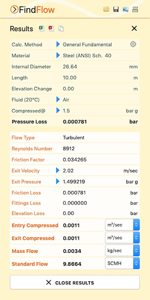 Pipe Flow Wizard Software Find Flow Results Screen