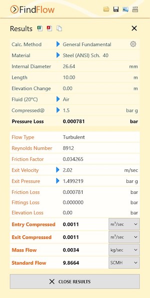 Pipe Flow Wizard Software Find Flow Results Screen