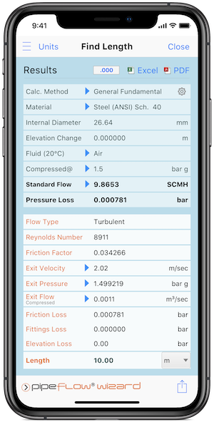 Pipe Flow Wizard Software Find Length Calculation Results Screen