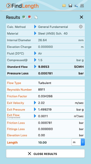 Pipe Flow Wizard Software Find Length Calculation Results Screen