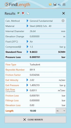 Pipe Flow Wizard Software Find Length Calculation Results Screen