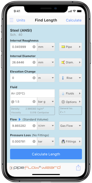 Pipe Flow Wizard Software Find Length Calculation Screen