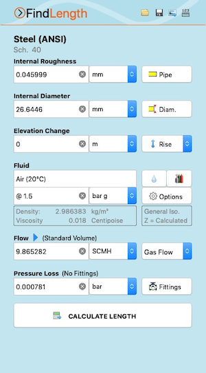 Pipe Flow Wizard Software Find Length Calculation Screen