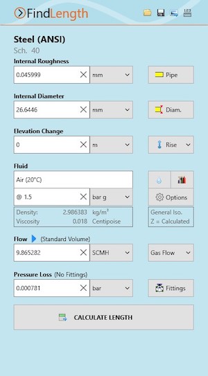 Pipe Flow Wizard Software Find Length Calculation Screen