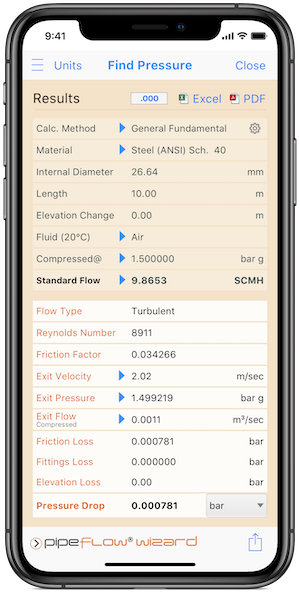 Pipe Flow Wizard Software Find Pressure Drop Results Screen