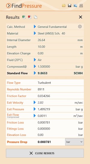 Pipe Flow Wizard Software Find Pressure Drop Results Screen